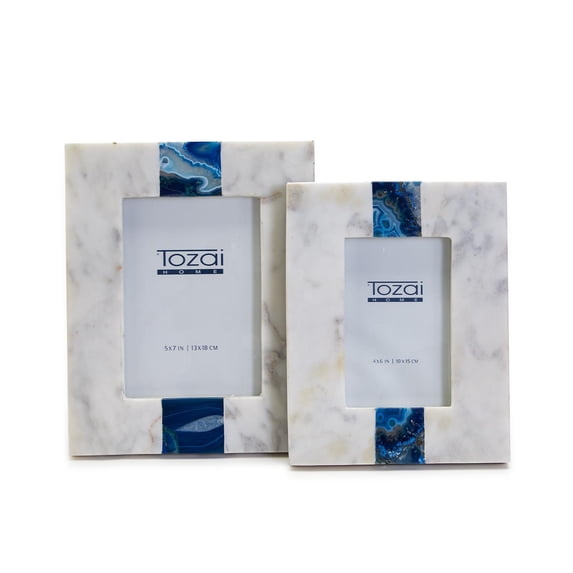 Two's Company White Marble with Blue Agate Inlay Photo Frame, 2 Sizes, Set of 2
