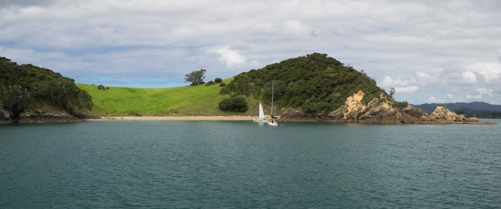 Two sailboats anchored at Motukiekie Island Bay of Islands Northland Region North Island New Zealand Canvas Art - Panoramic Images (13 x 30)