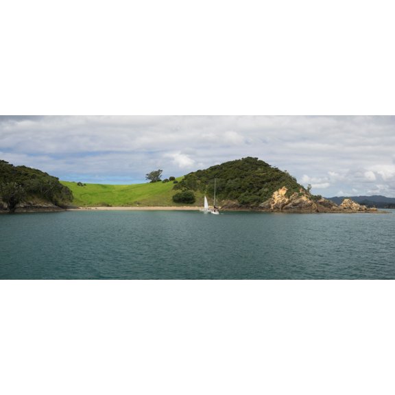 Two sailboats anchored at Motukiekie Island, Bay of Islands, Northland Region, North Island, New Zealand Poster Print (6 x 15)