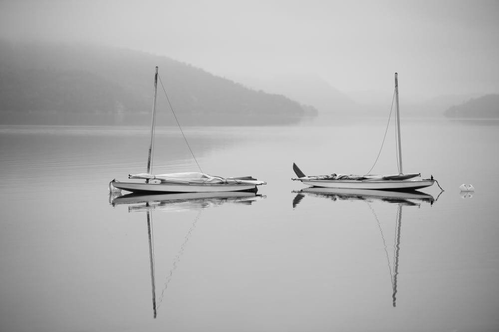 Two sailboats reflected in a calm misty lake Ontario Canada Canvas Art - James Smedley Design Pics (38 x 24)