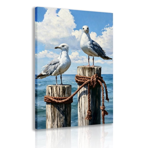 Two seagulls perch on a weathered dock post. This is a framed canvas painting of seagulls on a beach, depicting a coastal scene. Suitable for decorating seaside villas and lakeside cottages.