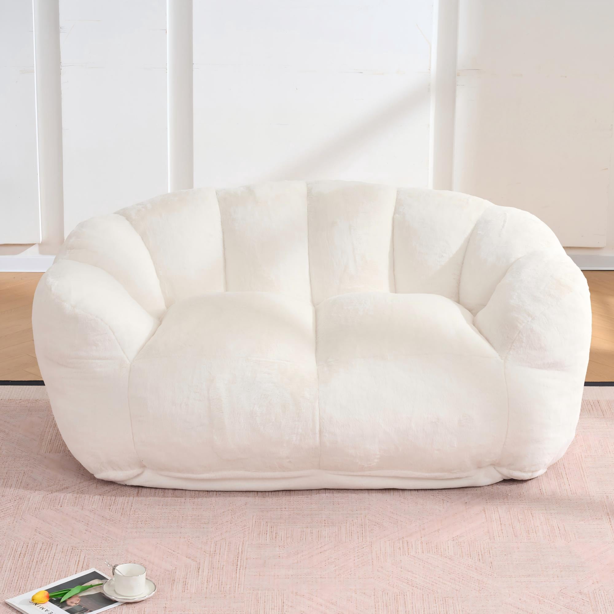 Two seater Floor Lazy Sofa for Living Room Bedroom, Bean Bag Chair for Adults, Ultra Soft Fluffy Loveseat Bean Bag Sofa, Cozy Reading Chair with Filler, Beige