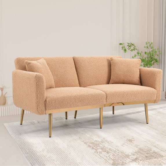 Two-seater Sofa Bed with Gold Metal Legs, Velvet sofa with 2 Soft Cushions, Living Room Accent Sofa Upholstered Reading Club Chair for Bedroom Office Decorative