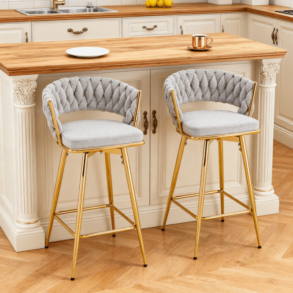 Two sets of swivel bar stools with breathable cotton and linen soft cushions,electroplated metal frames without rust,suitable for restaurant and bar use, as well as for casual seating in living room
