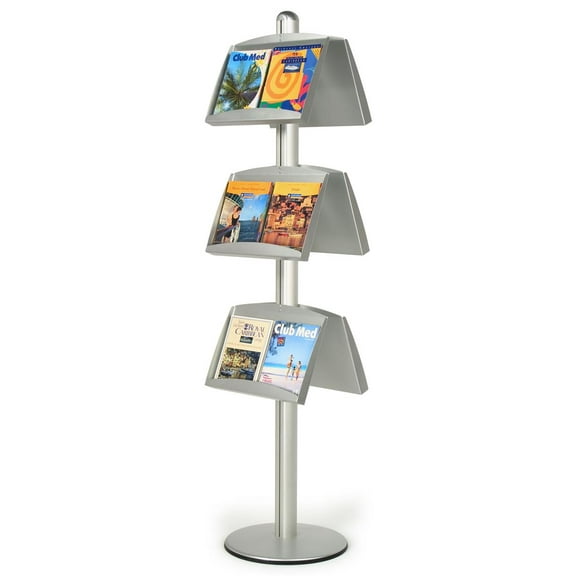 Two-sided Magazine Stand with 6 Height-adjustable Steel Trays, Literature Holder for Indoor Use, Aluminum & Steel (Silver) (BP6LH)