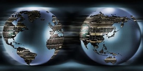 Two sides of earths made of digital circuits Canvas Art - Panoramic Images (24 x 12)