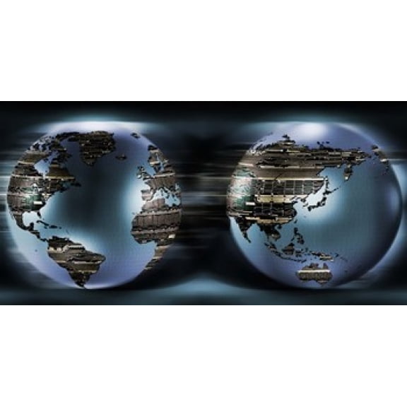Two sides of earths made of digital circuits Canvas Art - Panoramic Images (24 x 12)