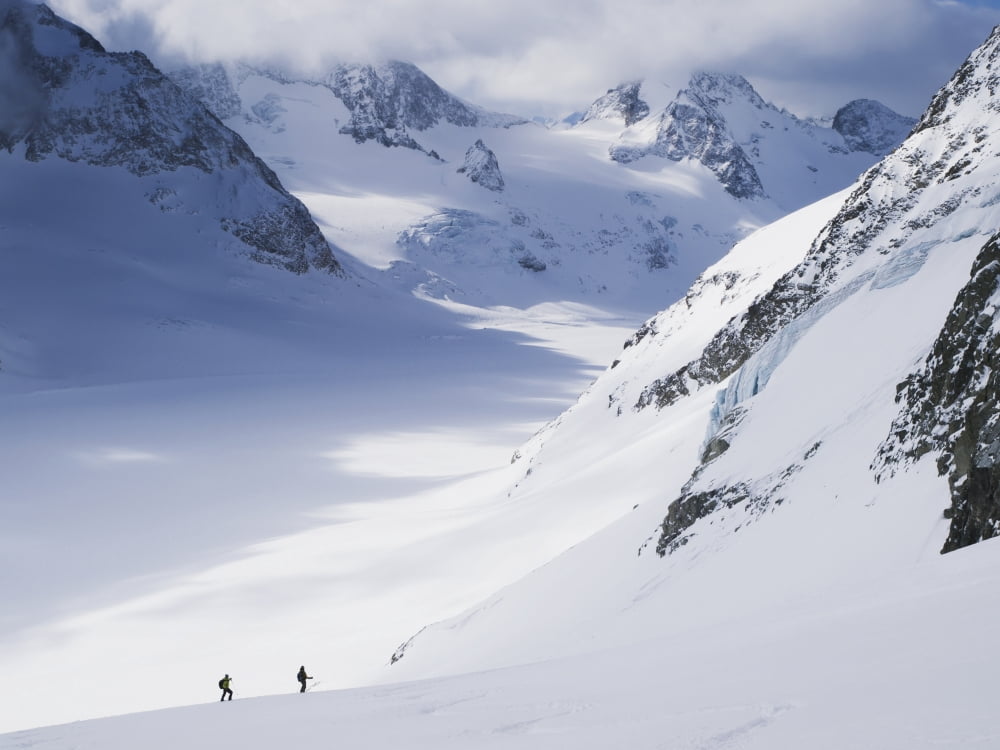 Two skiers in big glacial landscape descending the eastern flank of the Pigne dArolla towards dOttemma glacier Switzerland Canvas Art - Penny Kendall Design Pics (17 x 13)