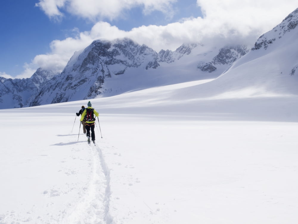 Two skiers ski touring across the Ottemma glacier Switzerland Canvas Art - Penny Kendall Design Pics (17 x 13)