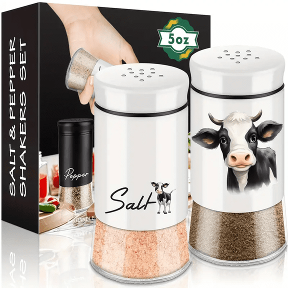 Two small large-bottomed seasoning jars with white cow patterns