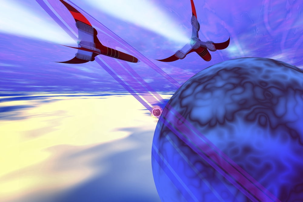 Two spacecraft fly back to their home planet after a mission Canvas Art - Corey FordStocktrek Images (35 x 23)