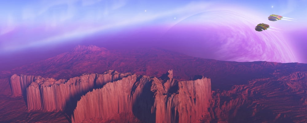 Two spacecraft fly over a mountain range Canvas Art - Corey FordStocktrek Images (45 x 18)