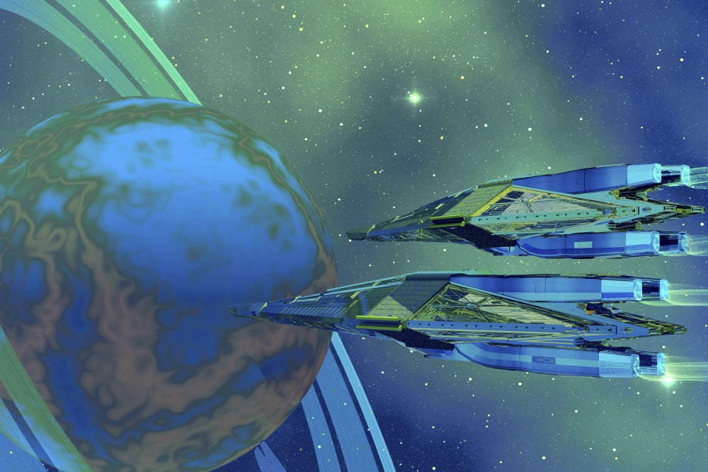 Two spacecraft fly to their home planet Canvas Art - Corey FordStocktrek Images (35 x 23)