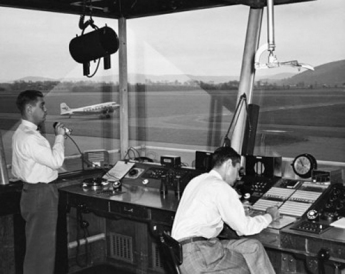 Two technicians working in an air traffic control tower Elmira Airport Elmira New York State USA Canvas Art - (24 x 36)