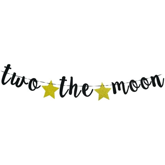 Two the Moon Banner - Baby 2nd Birthday Party Supplies, Outer Space Birthday Party Decoration (Black)