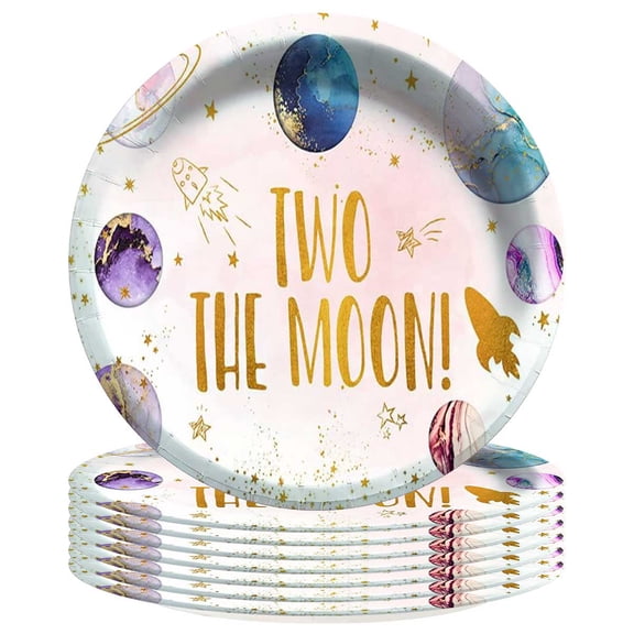 Two the Moon Outer Space 2nd Paper Plates Birthday Party Supplies Decorations 8pcs Tableware Disposable Dinnerware