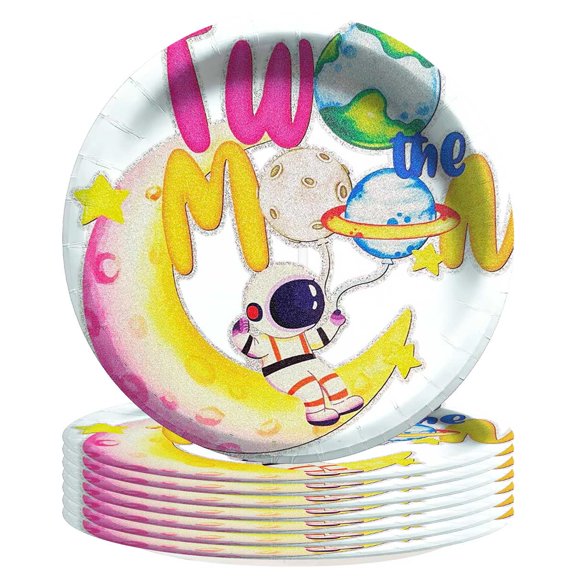 Two the Moon Outer Space 2nd Plates Party Supplies Birthday Decorations Tableware Disposable Dinnerware 8pcs