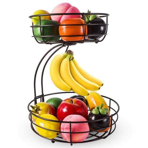 Two-tier countertop fruit basket bowl with banana hook. Vertical fruit and vegetable bowl storage. Fruit rack storage rack. Suitable for kitchen table decoration. Christmas gift.