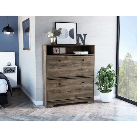 Brown shoe rack with two levels 45.70 in high made of engineered wood for offices easy to put up