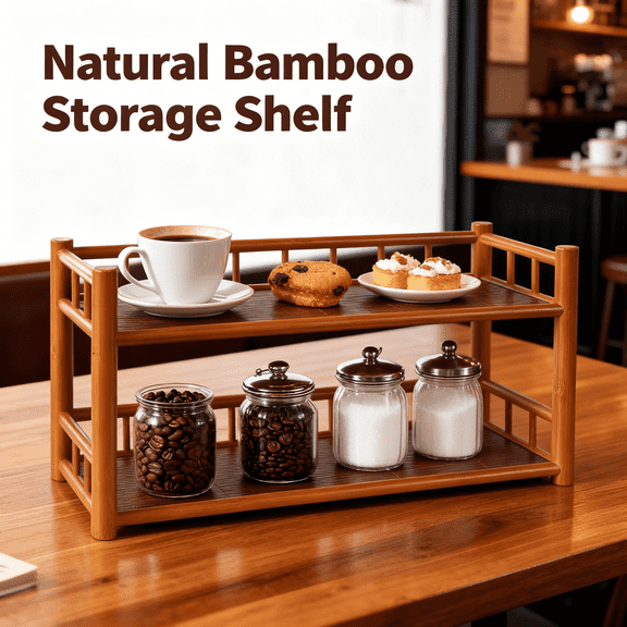 Two-tiered bamboo tea rack, suitable for coffee storage, living room storage, kitchen storage, Chinese-style tea set storage, multi-functional storage shelf, bamboo tea shelf, desktop storage rack.