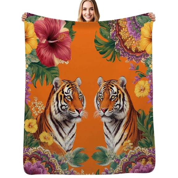 Two tigers tropical floral orange Flannel Blankets Soft Warm Throw Blanket Autumn Camping Bedroom Aesthetic Bedspread