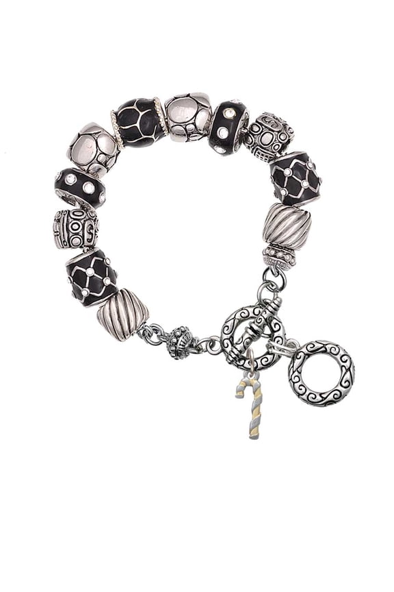 Two-tone 3-D Candy Cane Black Pebble Bead Charm Bracelet