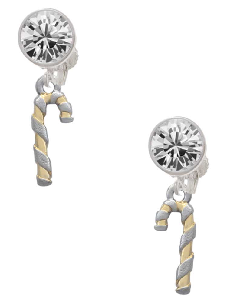 Two-tone 3-D Candy Cane Clear Crystal Clip On Earrings