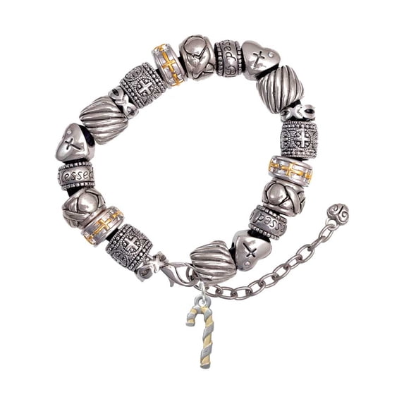 Two-tone 3-D Candy Cane Silver Tone Christian Bead Bracelet
