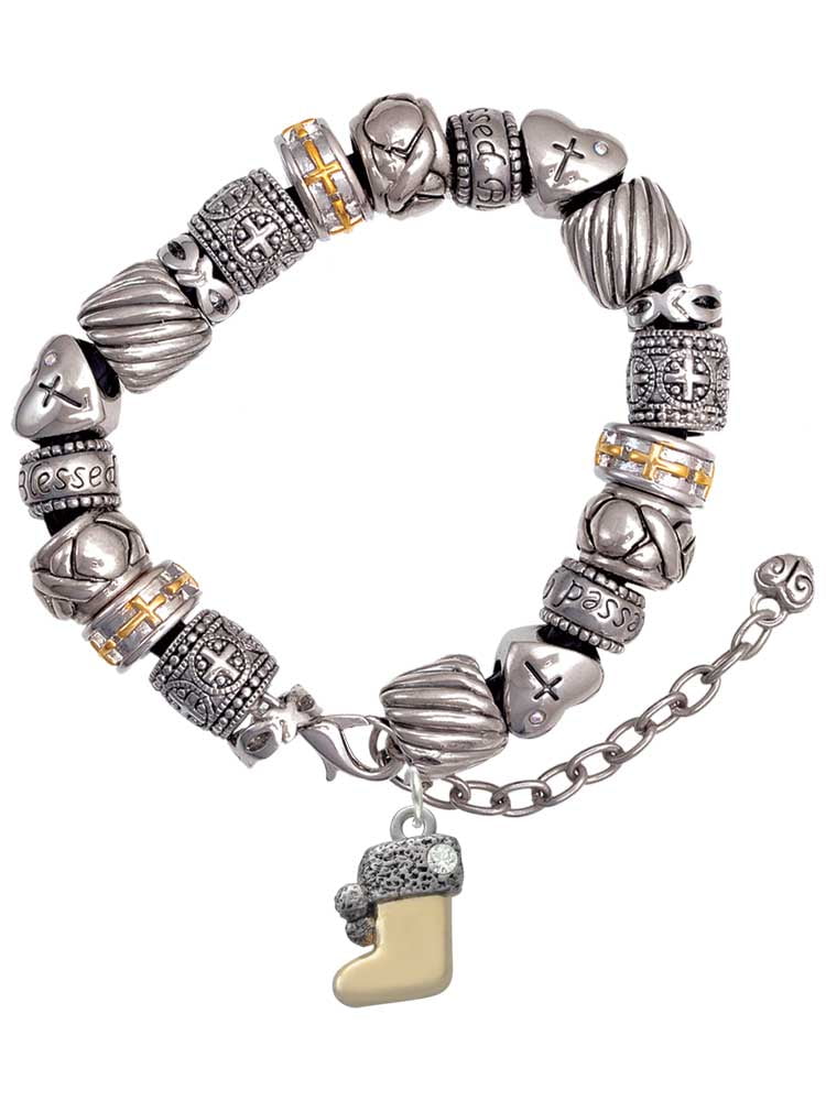 Two-tone 3-D Stocking with Clear Crystal Silver Tone Christian Bead Bracelet