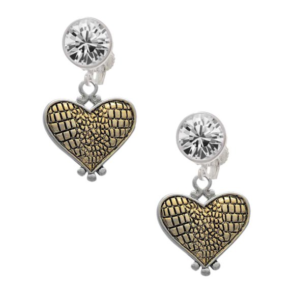 Two-tone Alligator Print Heart Clear Crystal Clip On Earrings