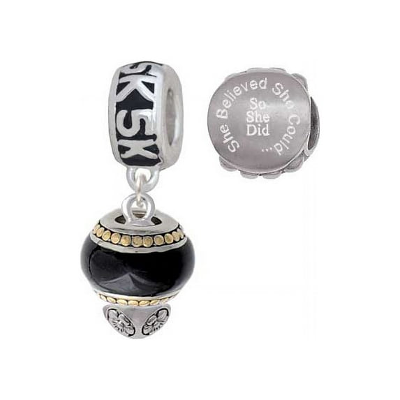 Two-tone Black Round Spinner 5K Run She Believed She Could Charm Beads (Set of 2)
