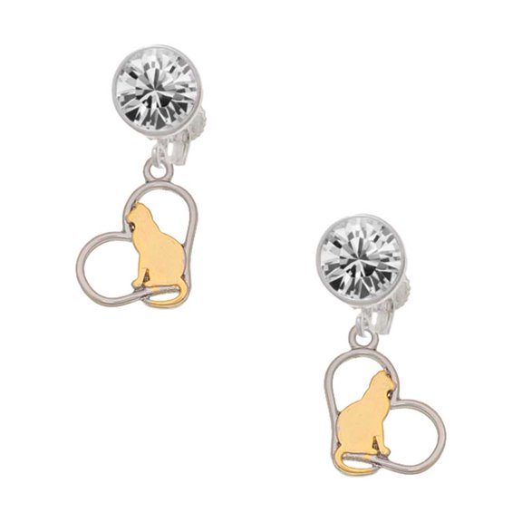 Two-tone Cat Silhouette Heart Clear Crystal Clip On Earrings