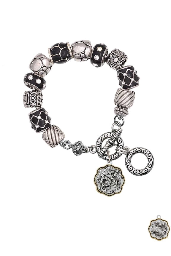 Two-tone Dragon and Phoenix Medallion Black Pebble Bead Charm Bracelet