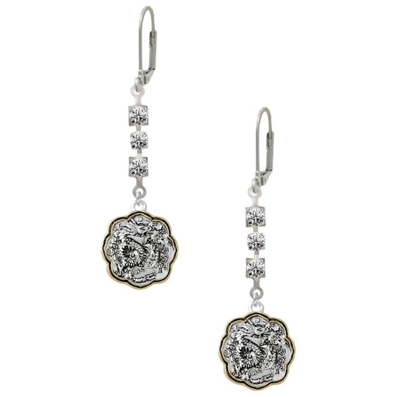 Two-tone Dragon and Phoenix Medallion Crystal Madison Leverback Earrings