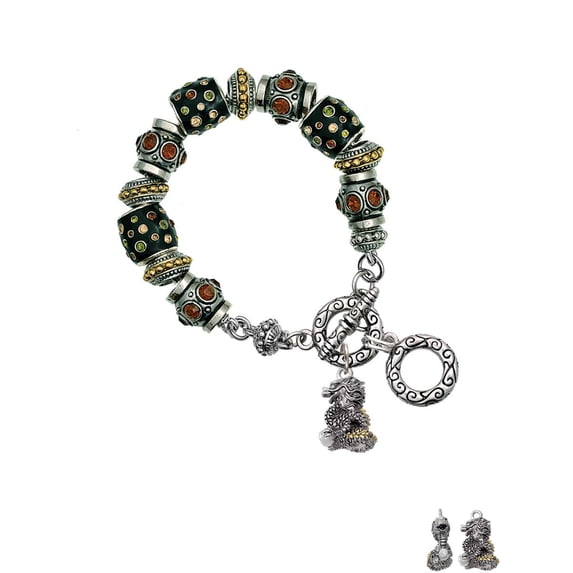 Two-tone Dragon with Crystals Fall Crystal Bead Charm Bracelet