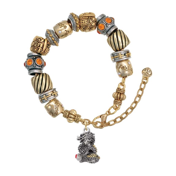 Two-tone Dragon with Red Crystals Two Tone Christian Bead Bracelet