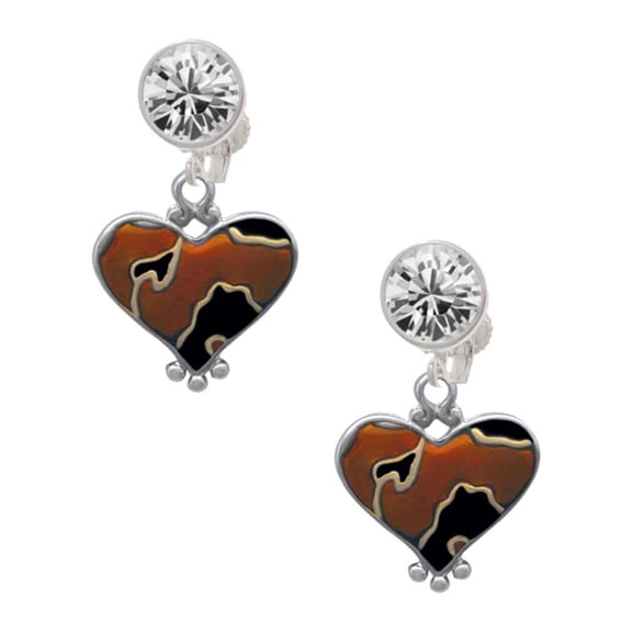 Two-tone Enamel Cheetah Print Heart Clear Crystal Clip On Earrings