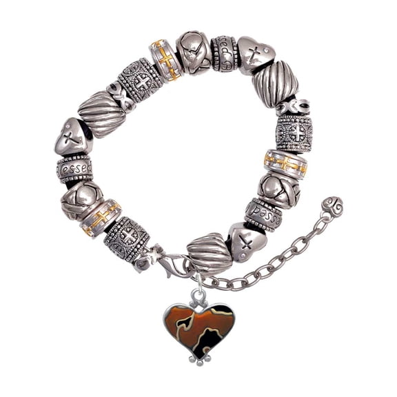 Two-tone Enamel Cheetah Print Heart Silver Tone Christian Bead Bracelet