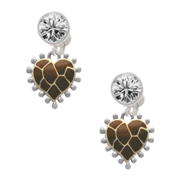Two-tone Enamel Giraffe Print Heart Clear Crystal Clip On Earrings