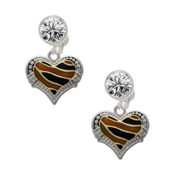 Two-tone Enamel Tiger Print Heart Clear Crystal Clip On Earrings