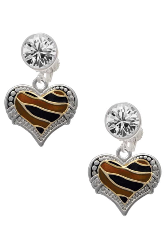 Two-tone Enamel Tiger Print Heart Clear Crystal Clip On Earrings