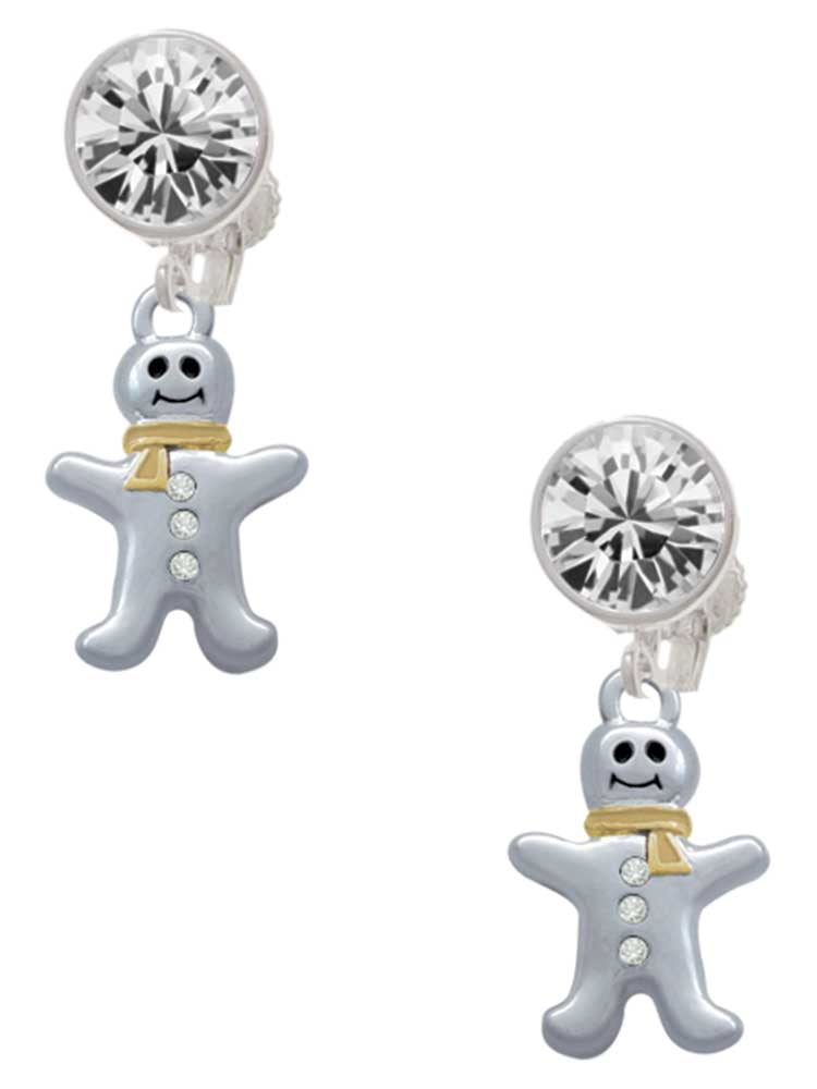 Two-tone Gingerbread Man with Crystal Buttons Clear Crystal Clip On Earrings