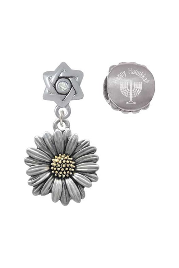 Two-tone Large Daisy Flower Happy Hanukkah Charm Beads (Set of 2)