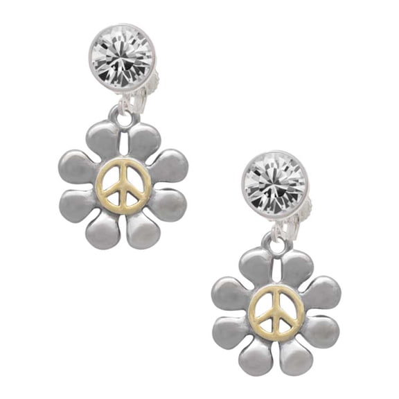 Two-tone Large Daisy with Peace Sign Clear Crystal Clip On Earrings