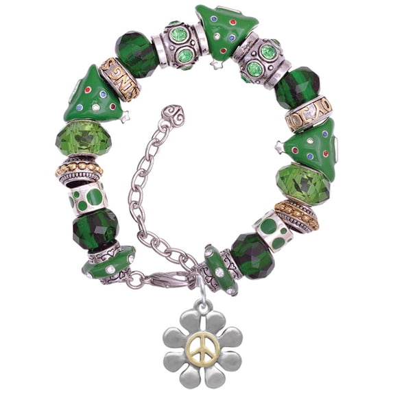 Two-tone Large Daisy with Peace Sign Green Christmas Bead Bracelet
