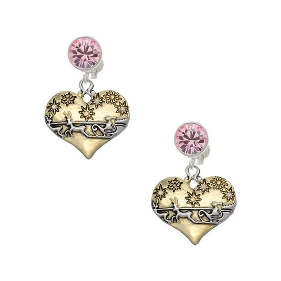 Delight Jewelry Two-tone Large Flying Santa on Heart Pink Crystal Clip on Earrings