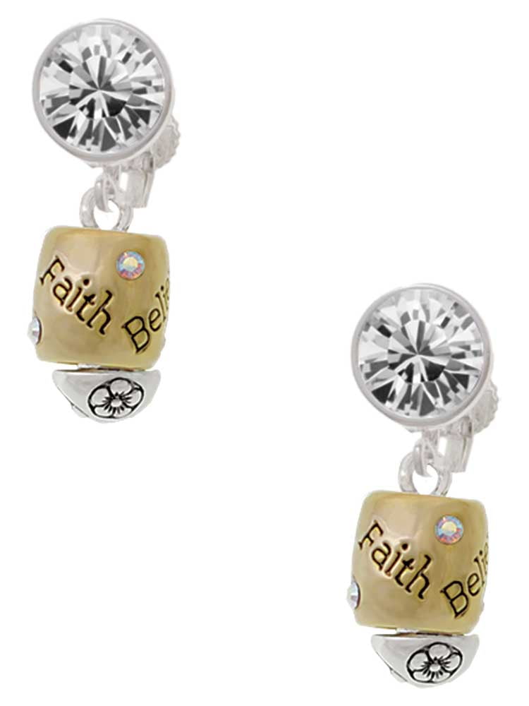 Two-tone Love Hope Faith Believe Spinner Clear Crystal Clip On Earrings