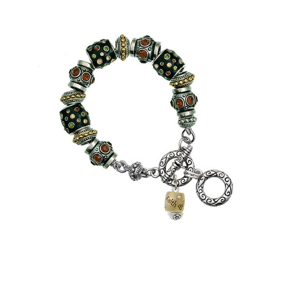 Two-tone Love Hope Faith Believe Spinner Fall Crystal Bead Charm Bracelet