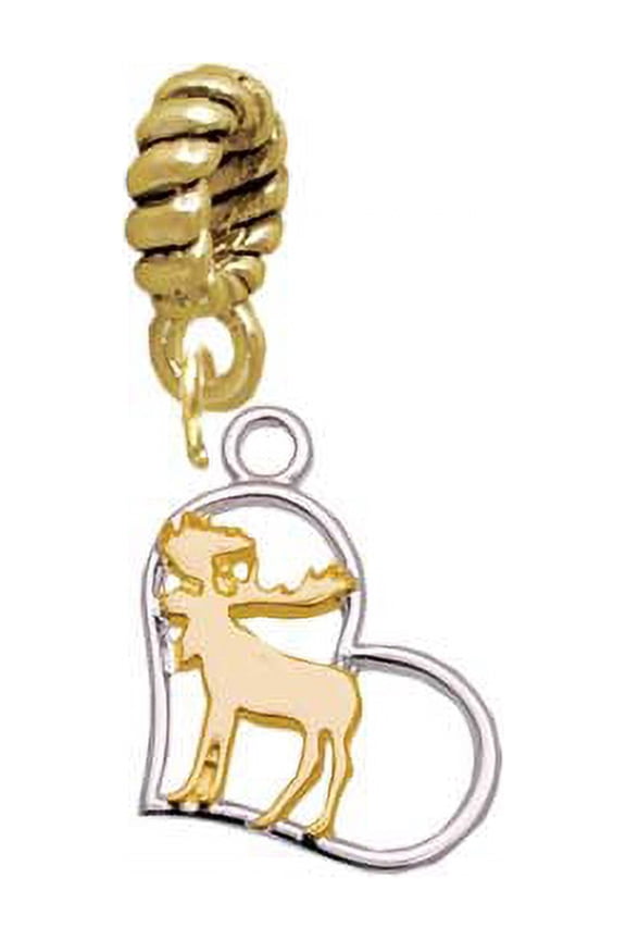 Two-tone Moose in Heart - Goldtone Charm Bead