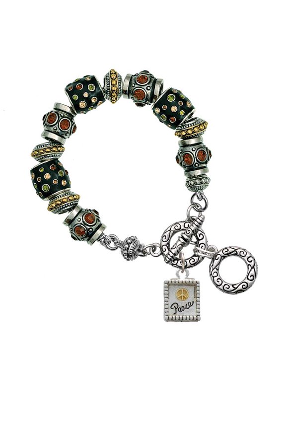 Two-tone Shadow Box ''Peace'' with Peace Sign Fall Crystal Bead Charm Bracelet
